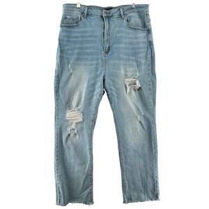 Risen Distressed Denim Jeans Light Wash Ripped Raw Hem Womens Plus Size 3XL